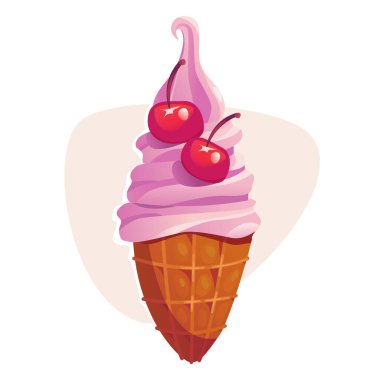 Waffle Cone 'da kirazlı vanilyalı dondurma. Yaz Yemeğinin Çizgi Film Vektörü İllüstrasyonu.