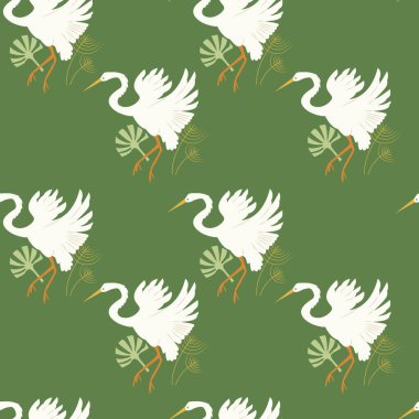 Dikensiz Japon Örnekleri ve Turna Kuşları. Asya Vektör Yeşil Arkaplanı.