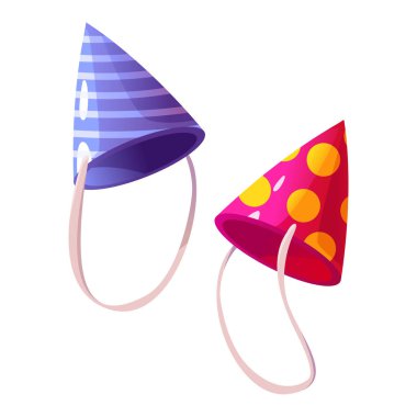 Parti Şapkaları. Doğum günü şapkaları, Parti Kâğıt Külahları. Çizgi film Vektör İllüstrasyonu.