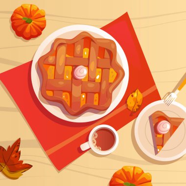Ev yapımı balkabağı turtası, çatallı tatlı sonbahar tatlısı, bir fincan kakao, ahşap masa örtüsü. Şükran Günü. Tart 'ta Çizgi Film Vektörü Üst Görünümü.