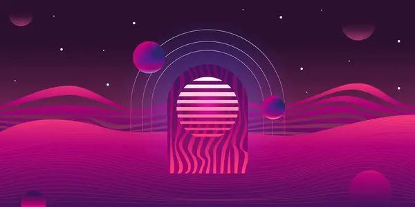 stock vector Vaporwave Retro Background. 80s Synthwave Styled Landscape with Sun and Planet. Vector Illustration.