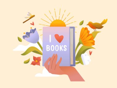Kitap severler günü. El kitabı tutuyor. Okuma Aşıkları İçin Konsept Kart. Bibliyofil, Kitapçı, Kitapçı Vektör İllüstrasyonu.