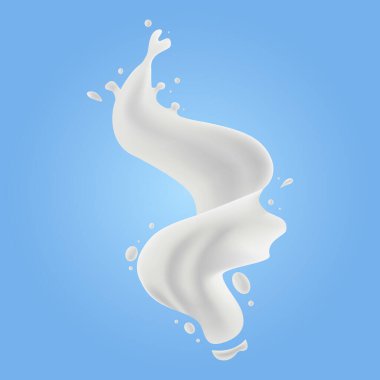 Çarpık Süt Sıvısı Sıçrama Dalgası. Gerçekçi Süt Damlası Mavi Arkaplanda izole edildi. Ürün Tasarımı veya Reklamcılığı İçin Vektör Resimleri.