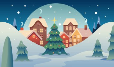 İyi tatiller, arka plan. Sokaklı Noel Kasabası, Düşen Kar ve Noel Ağacı. Winter City Sahnesi. Horizon Şirin Peri Evlerinin Vektör İllüstrasyonu.