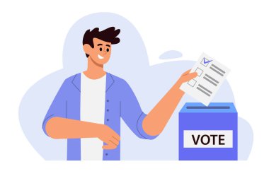 Oylar 2024 'e. Oy Kutusuna Oy Veren Adam. Seçim günü. Vektör İllüstrasyonu.