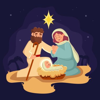 Doğum Sahnesi Konsepti. Yusuf, Meryem ve İsa. Bayram Holly Gecesi. Vektör Çizgi Filmi İllüstrasyonu.