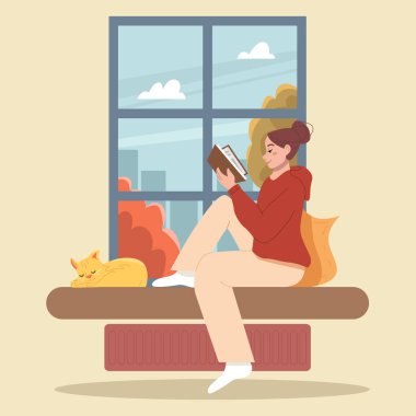 Pencere kenarında oturan kitap okuyan bir kadın. Kız Okuyucu Boş Zamanlarında Dinleniyor. Düz Vektör İllüstrasyonu.