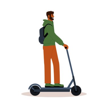 Genç adam elektrikli scooter kullanıyor. Sürdürülebilir Ulaşım. Çevre dostu Şehir Ekolojisi tanıtımı. Düz Vektör İllüstrasyonu.