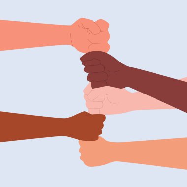Eşitlik ve Engellilik çok ırklı grup kavramı. Siyahların, Asyalıların ve Kafkasyalıların Elleri Birlik Desteğinin Sembolü. Düz Vektör İllüstrasyonu.