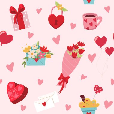 Buket Tatlılar, Kalp ve Çiçekler 'de kusursuz desen. Sevgililer Günü için Vektör Arkaplanı.