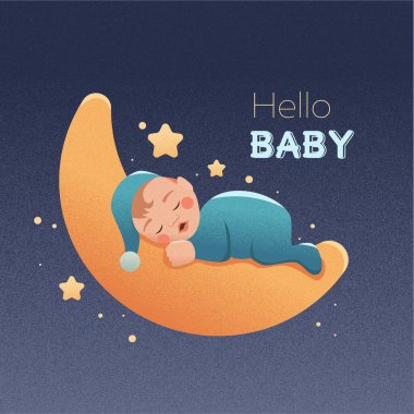 Sevimli Bebek Ay 'da Uyuyor. Çocuğunun ilk yılı. Sağlıklı bebek uykusu. Vektör illüstrasyonu.