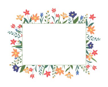 Beyaz arka planda yabani çiçekleri olan çiçek çerçevesi. El çizimi vektör illüstrasyonu.