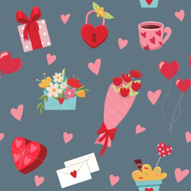 Sevgililer Günü Arkaplanı. Buket, Sweets, Heart ve Flowers 'la kusursuz bir düzen. Sevgililer Günü için Vektör İllüstrasyonu.