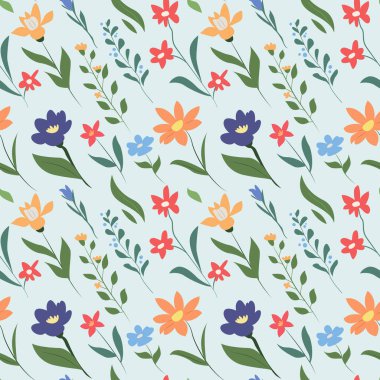Bahar çiçekleriyle kusursuz desen. Moda tasarımı, tekstil, kumaş ve duvar kağıdı için çiçek arkaplanı. Vektör el çizimi resimleme.