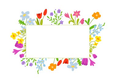 Beyaz arka planda bahar veya yaz çiçekleri olan çiçek çerçevesi. El çizimi vektör illüstrasyonu.