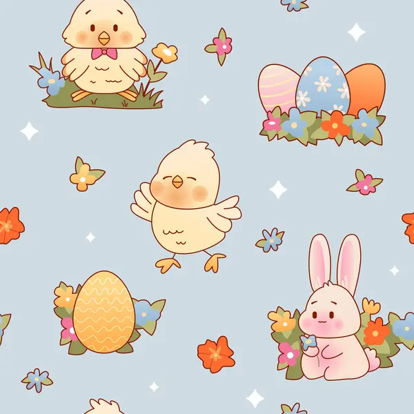 Tavşan, tavuk ve yumurtalı Paskalya şablonu. Şirin kawaii çizgi film bahar arkaplanı. El çizimi vektör illüstrasyonu.