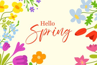 Merhaba Spring. Çiçekli bir poster. Tebrik kartı, davetiye şablonu. El çizimi vektör illüstrasyonu.