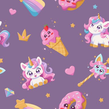 Tatlı Tekboynuz, donut, dondurma külahı, yıldız ve gökkuşağı ile çocuklar sihirli arka plan. Kawaii tarzında çocuk deseni. Vektör illüstrasyonu.