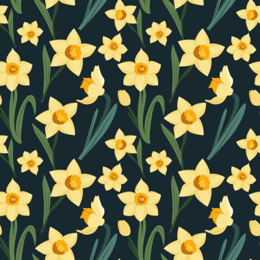 Çiçek desenli siyah nergis. Kumaş duvar kâğıdı, tekstil, hatıra defteri için moda çiçekler. Vektör el çizimi resimleme.