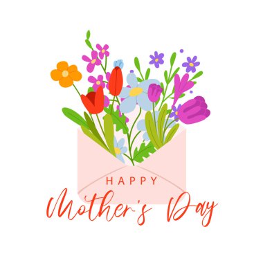 Anneler günün kutlu olsun. Çiçekli zarf. Poster, baskı, tanıtım materyalleri, web sitesi için vektör illüstrasyonu.