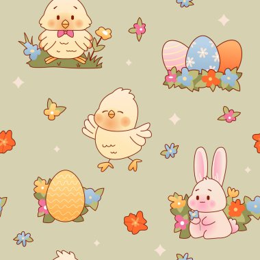 Tavşan, tavuk ve yumurtalı Paskalya şablonu. Şirin kawaii çizgi filmi bahar yeşili arka plan. Çocuklar El çizimi vektör çizimi.