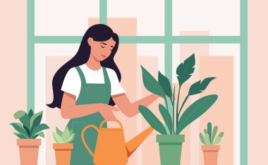 Çiçek eken insanlar. Ev bahçesi. Kadın çiçekleri suluyor. Pastel renklerde vektör illüstrasyonu.