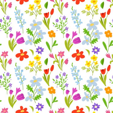 Parlak çiçekli kusursuz bir desen. Moda tasarımı, tekstil, kumaş ve duvar kağıdı için çiçek arkaplanı. Vektör el çizimi resimleme.