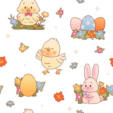 Paskalya tavşanı, tavuk ve yumurtalı Hildish deseni. Şirin kawaii çizgi filmi bahar beyazı arka plan. Çocuklar El çizimi vektör çizimi.