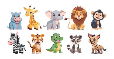 Çocuklar şirin hayvanlar seti. Hippopotamus zürafa Fil Aslan Maymun Zebra Kaplan Timsah Lemur Sırtlan. Vektör illüstrasyonu savana hayvanları.
