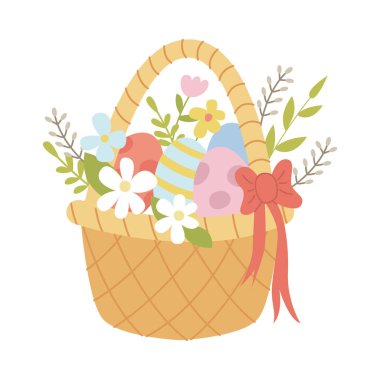 Mutlu Paskalyalar. Renkli yumurta ve bahar çiçekleriyle geleneksel sepet. Vektör İllüstrasyonu. 