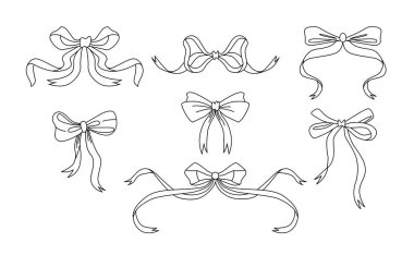 Hediye yaylarını beyaz arkaplanda izole et. Farklı kurdelelerle çizilmiş çizimler. Vektör İllüstrasyonu.