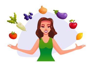 Sağlıklı gıda konsepti. Sebzeli ve meyveli kadın. Vektör illüstrasyonu.