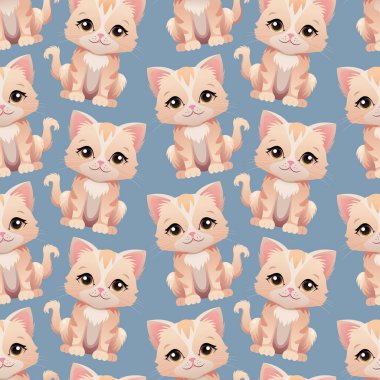 Mavi arka planda kusursuz şirin kedi yavrusu deseni. Kawaii kedisi. Çocuklar için vektör illüstrasyonu.