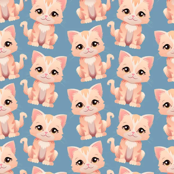 Mavi arka planda kusursuz şirin kedi yavrusu deseni. Kawaii kedisi. Çocuklar için vektör illüstrasyonu.