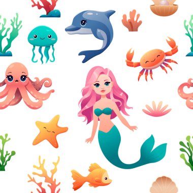 Şirin deniz kızı, yunus, denizyıldızı, ahtapot, yengeç, süs balığı, inci ve yosunlu deniz kabuğu desenleri. Yaratıcı çocuksu bir geçmiş. Vektör illüstrasyonu.