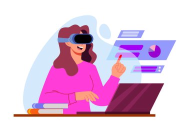 VR ve AR teknolojisi fütüristik konsept. Sanal gerçeklik gözlüğü takan kadın veri analizi yapıyor. Düz vektör illüstrasyonu.