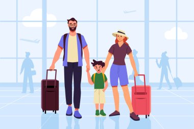 Yaz seyahatleri. Mutlu aile havaalanında birlikte seyahat ediyor. Ebeveynler ve çocuklar valizlerle el ele tutuşuyorlar, tatile hazırlar. Havaalanı terminalinde vektör illüstrasyon turistleri.