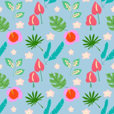 Kusursuz tropikal desen. Parlak yaz mavi arka planı. Vektör İllüstrasyonu.