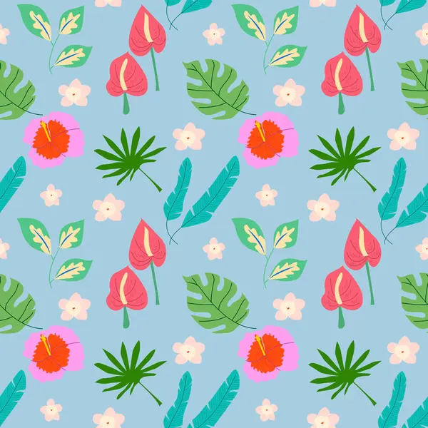 Kusursuz tropikal desen. Parlak yaz mavi arka planı. Vektör İllüstrasyonu.