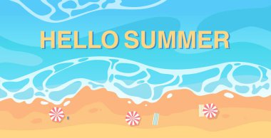 Şemsiyeli ve deniz dalgalı yaz manzaralı arka plan. Yaz kavramı. Vektör illüstrasyonu.