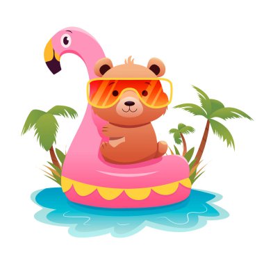 Denizde Pembe Flamingo Şişirilebilir Yüzük 'ün Üzerinde Oturan Güneş Gözlüğü Giyen Sevimli Ayı. Palm Trees 'li tropik plaj arka planı, Blue Water. Eğlence Yaz Tatili Konsepti. Çocuk Vektörü illüstrasyonu.
