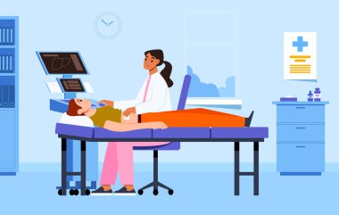 Kadın doktor hasta karnının ultrason taramasını yapıyor. Arka planda tıbbi ofis var. Düz biçimli vektör illüstrasyonu.