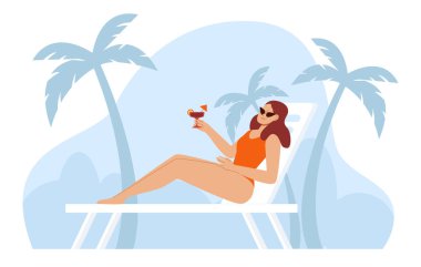 Mayo giymiş bir kadın uzanmış güneşleniyor. Bir kız havuz kenarında kokteyl içiyor. Yaz tatili, seyahat, tatilde asgari poster. Düz biçimli vektör illüstrasyonu.