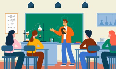 Öğrencilerle ve öğretmenlerle dolu bir sınıf. Sınıfın iç tarafı. Çocuklar öğretmeni dinler. Kimya dersi. Eğitim vektörü illüstrasyonu.