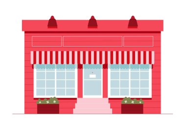 Şehir dışından izole edilmiş yerel bir mağaza. Saksıdaki bitkilerle cepheyi inşa etmek. Düz vektör illüstrasyonu.