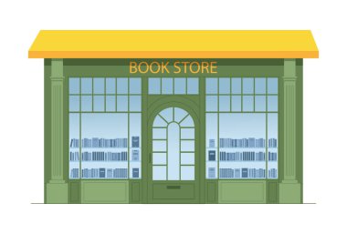 Şehir kitapçısının dış vitrininde bir sürü kitap var. Bina cephesi. Kitap dükkanı vektör illüstrasyonu.