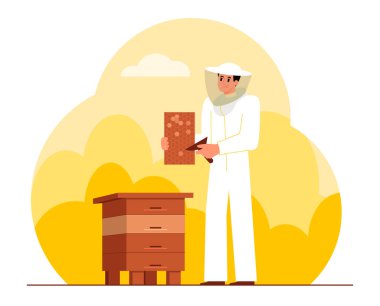 Arı kovanlı arı yetiştiricisi. Şapkalı, koruyucu örgülü ve tulumlu bir adam bal petekli bir çerçeve tutuyor. Arıcılık yap ve bal al. Düz vektör illüstrasyonu.