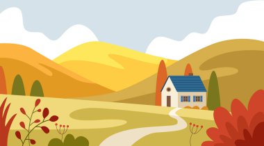 Kırsal çayırlarda sonbahar manzarası ve bir köy evi ve dağların arka planında bir yol. Düz vektör illüstrasyonu.