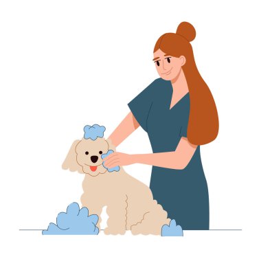 Tımar Konsepti. Kadın Bakımcı Banyo Köpeği. Düz Vektör illüstrasyonu.
