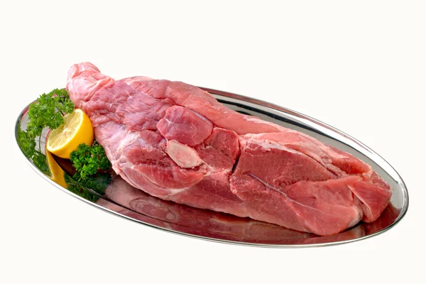 Grande Pedaço Carne Crua Bandeja Inox Caminho Recorte — Fotografia de Stock